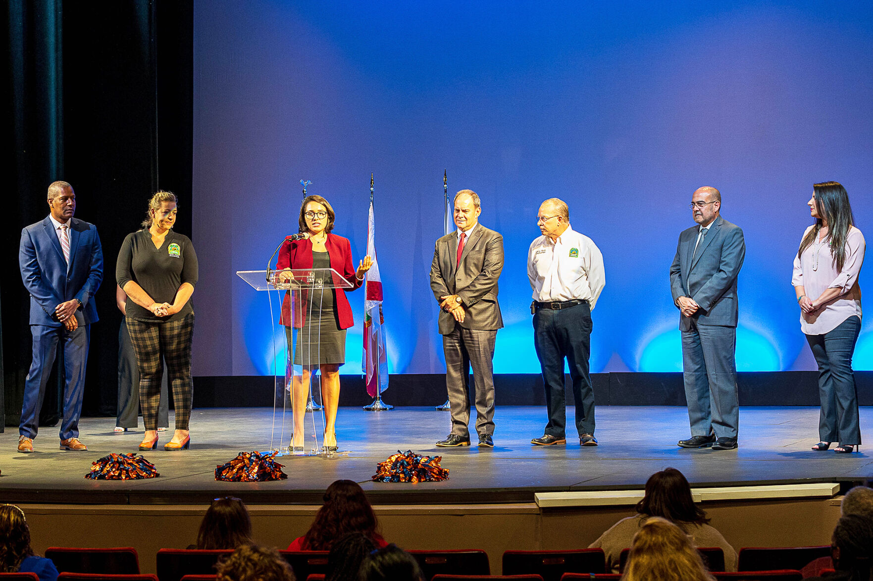 Homestead Vice Mayor Julio Guzman, Councilmember Jenifer Bailey, District 9 School Board Member Luisa Santos, Mayor Steven Losner, Councilmember Larry Roth, M-DCPS Superintendent Dr. Jose Dotres, Councilmember Erica Avila.